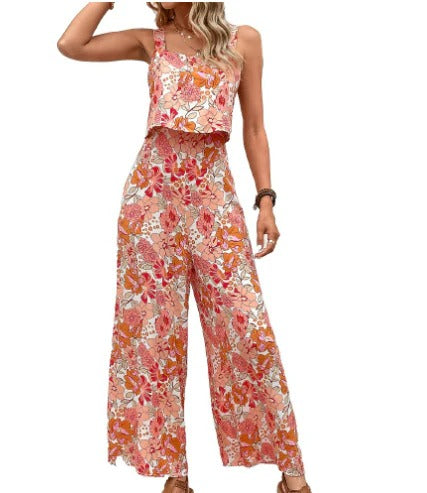 Conjunto de Dos Piezas de Mujer con Top y Pantalón de Cintura Alta Estampado Floral | Ideal para el Verano